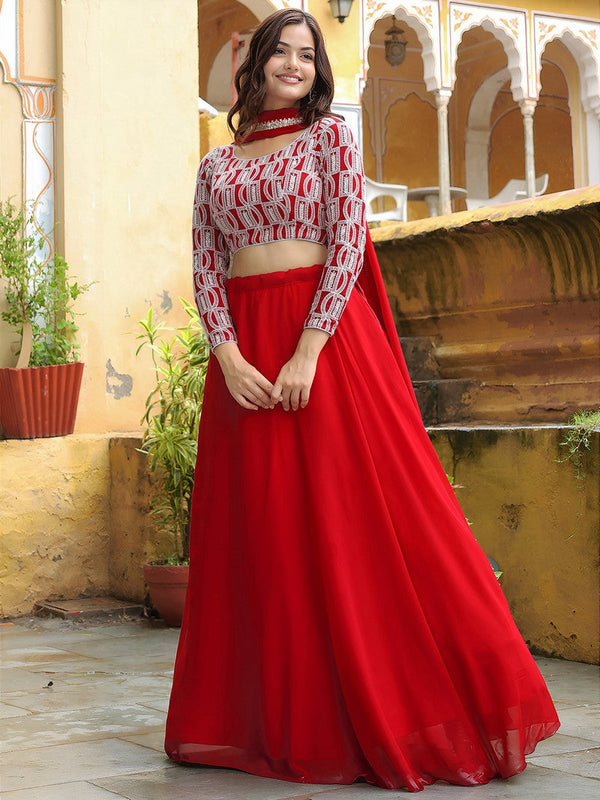 Charming Red Color Georgette Fabric Party Wear Lehenga