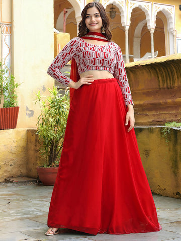 Charming Red Color Georgette Fabric Party Wear Lehenga
