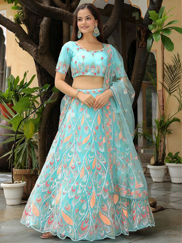 Charming Aqua Color Net Fabric Party Wear Lehenga