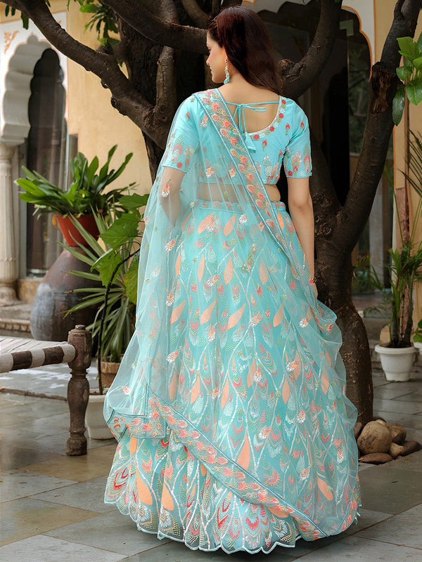 Charming Aqua Color Net Fabric Party Wear Lehenga