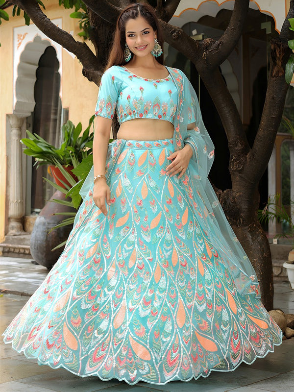 Charming Aqua Color Net Fabric Party Wear Lehenga
