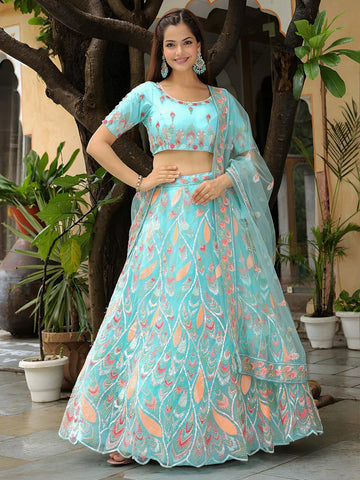 Charming Aqua Color Net Fabric Party Wear Lehenga