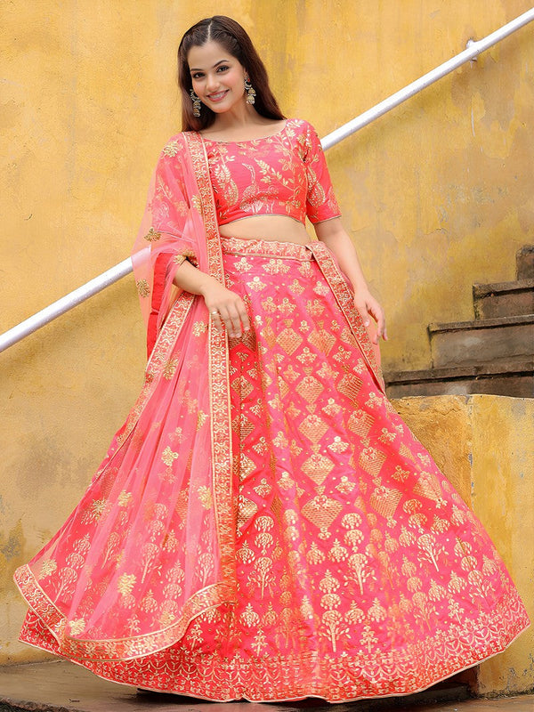 Charming Peach Color Silk Fabric Party Wear Lehenga