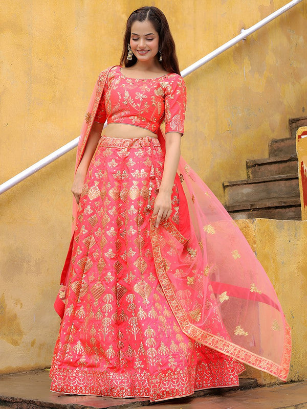 Charming Peach Color Silk Fabric Party Wear Lehenga