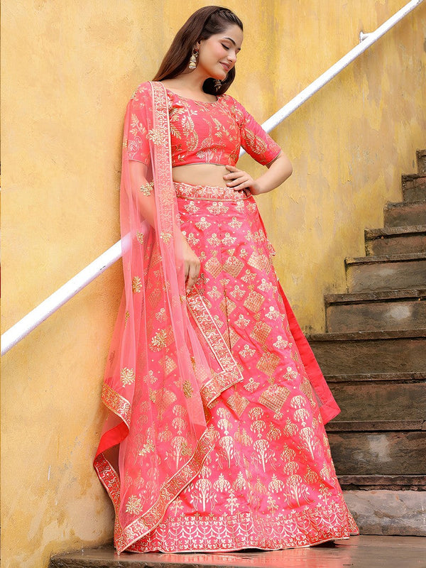 Charming Peach Color Silk Fabric Party Wear Lehenga
