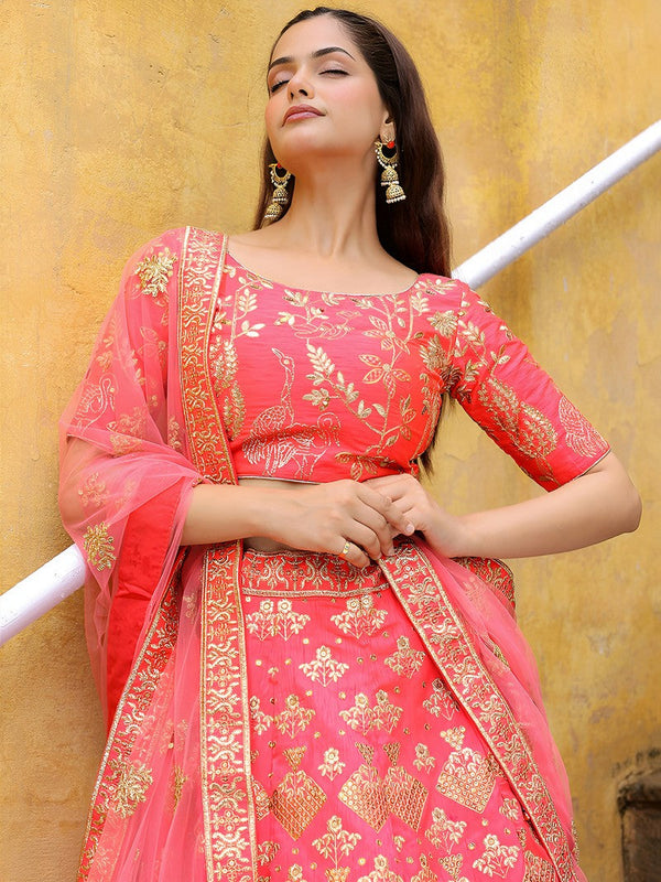 Charming Peach Color Silk Fabric Party Wear Lehenga