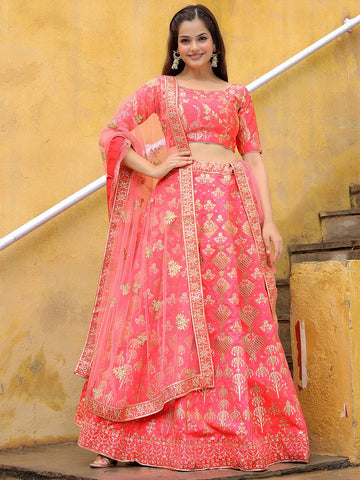 Charming Peach Color Silk Fabric Party Wear Lehenga