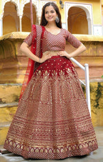 Glowing Maroon Color Silk Fabric Party Wear Lehenga