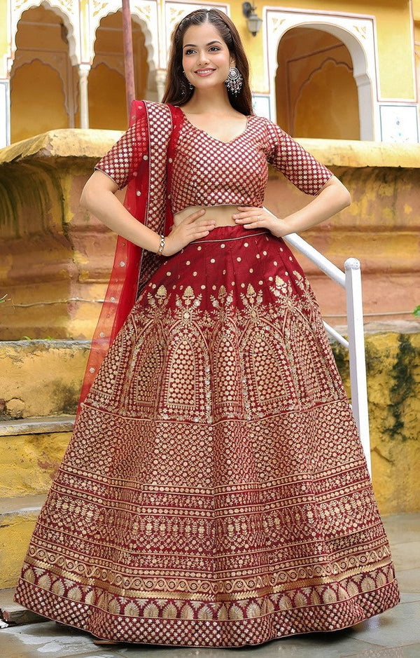 Glowing Maroon Color Silk Fabric Party Wear Lehenga