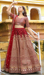 Glowing Maroon Color Silk Fabric Party Wear Lehenga