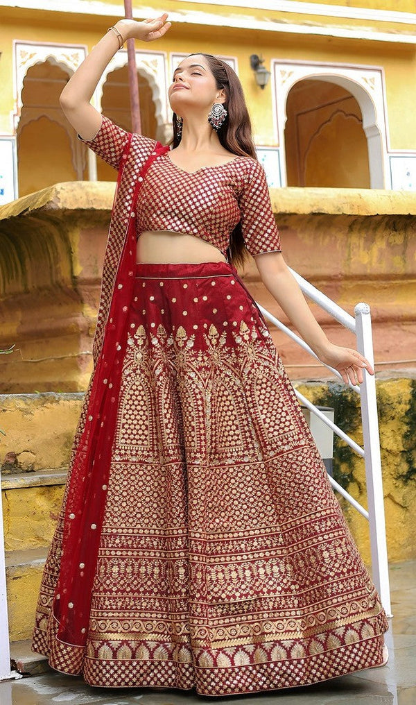 Glowing Maroon Color Silk Fabric Party Wear Lehenga