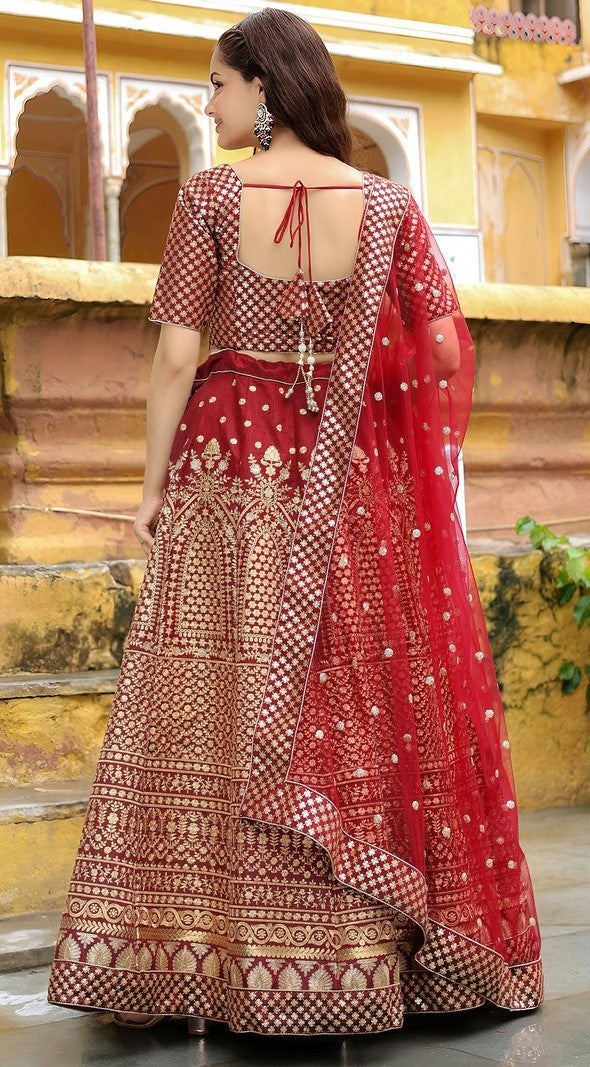 Glowing Maroon Color Silk Fabric Party Wear Lehenga
