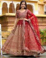 Glowing Maroon Color Silk Fabric Party Wear Lehenga