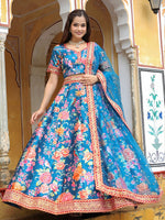 Glowing Blue Color Art Silk Fabric Party Wear Lehenga