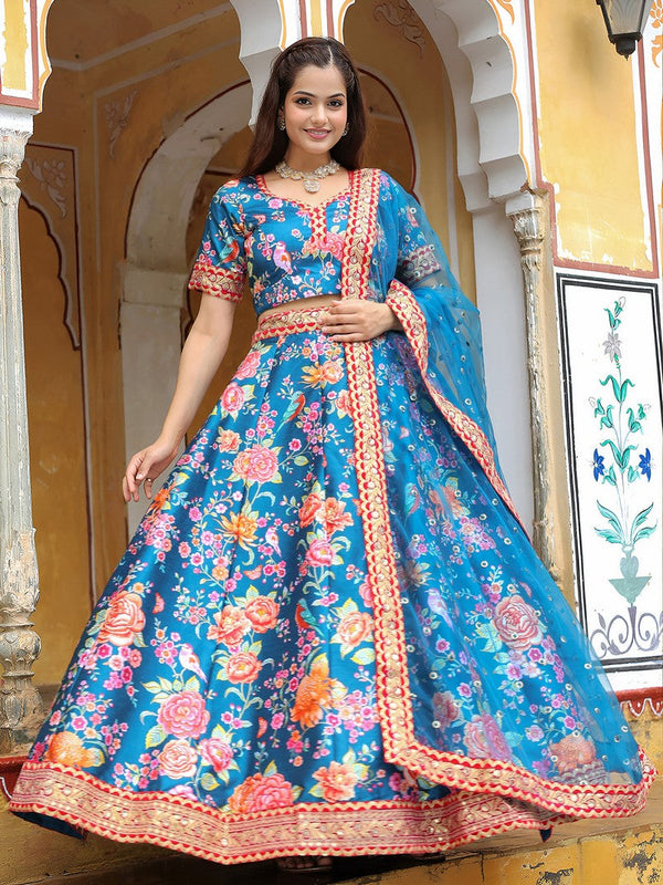 Glowing Blue Color Art Silk Fabric Party Wear Lehenga