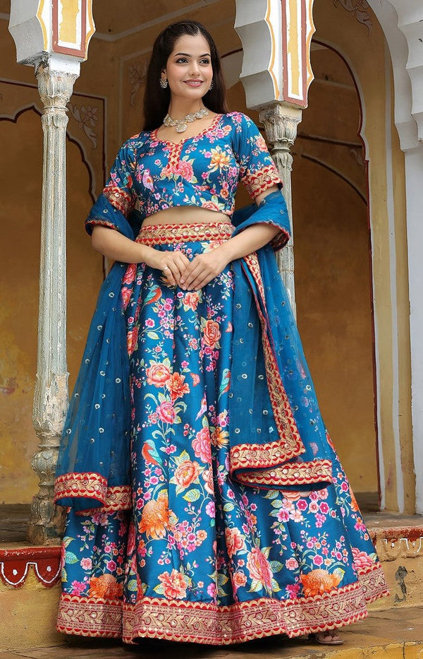 Glowing Blue Color Art Silk Fabric Party Wear Lehenga