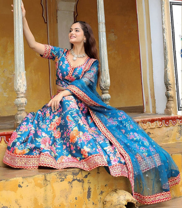 Glowing Blue Color Art Silk Fabric Party Wear Lehenga