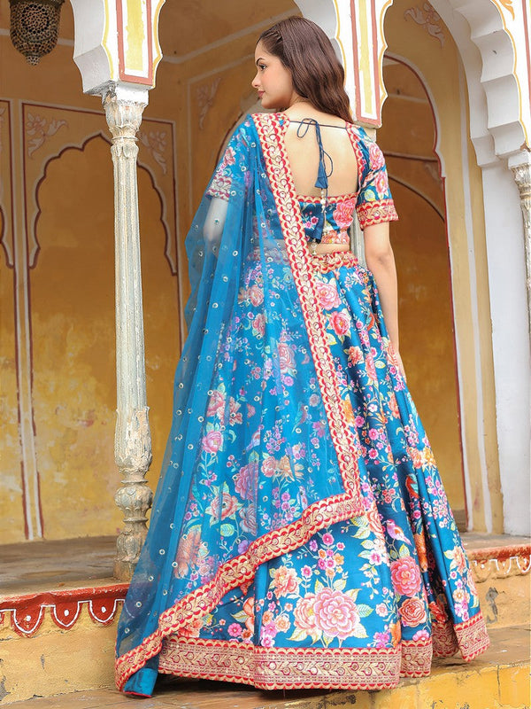 Glowing Blue Color Art Silk Fabric Party Wear Lehenga