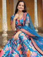 Glowing Blue Color Art Silk Fabric Party Wear Lehenga