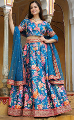 Glowing Blue Color Art Silk Fabric Party Wear Lehenga