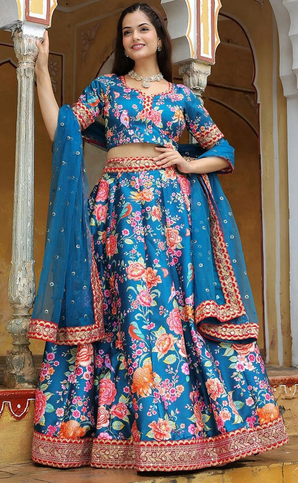 Glowing Blue Color Art Silk Fabric Party Wear Lehenga