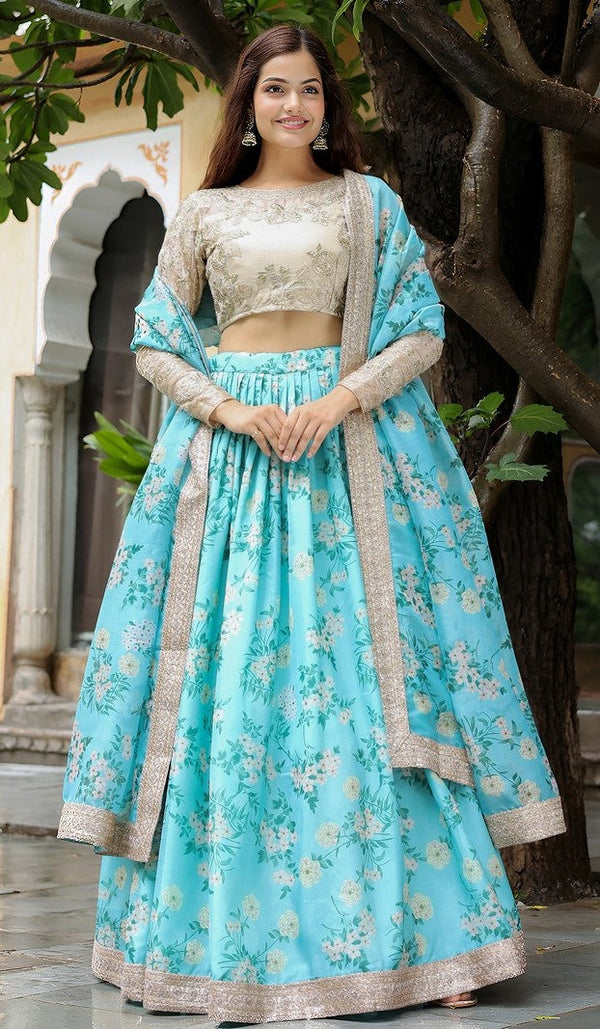 Glowing Aqua Color Organza Fabric Party Wear Lehenga