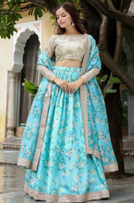 Glowing Aqua Color Organza Fabric Party Wear Lehenga
