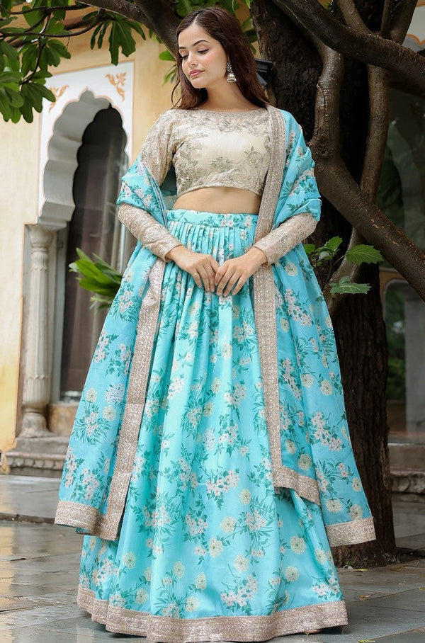 Glowing Aqua Color Organza Fabric Party Wear Lehenga