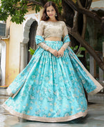 Glowing Aqua Color Organza Fabric Party Wear Lehenga