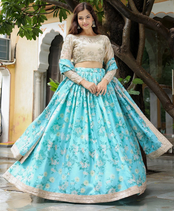 Glowing Aqua Color Organza Fabric Party Wear Lehenga