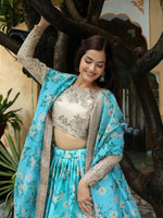 Glowing Aqua Color Organza Fabric Party Wear Lehenga