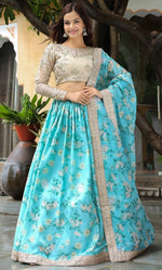 Glowing Aqua Color Organza Fabric Party Wear Lehenga