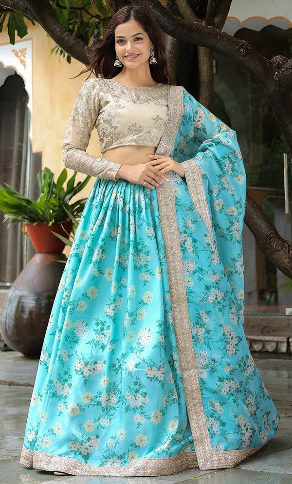 Glowing Aqua Color Organza Fabric Party Wear Lehenga