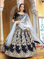 Glowing Navy Blue Color Velvet Fabric Party Wear Lehenga