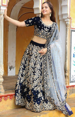 Glowing Navy Blue Color Velvet Fabric Party Wear Lehenga