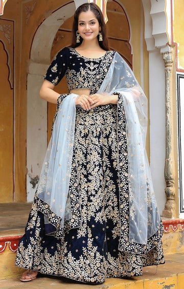 Glowing Navy Blue Color Velvet Fabric Party Wear Lehenga
