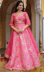 Glowing Pink Color Silk Fabric Party Wear Lehenga