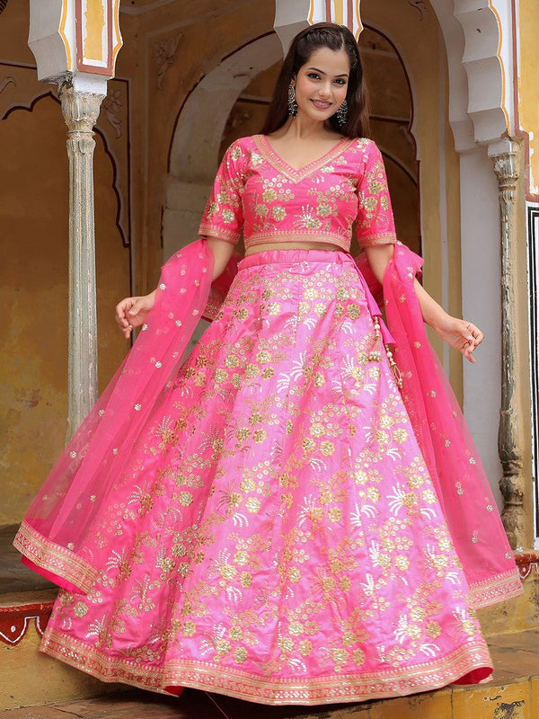 Glowing Pink Color Silk Fabric Party Wear Lehenga