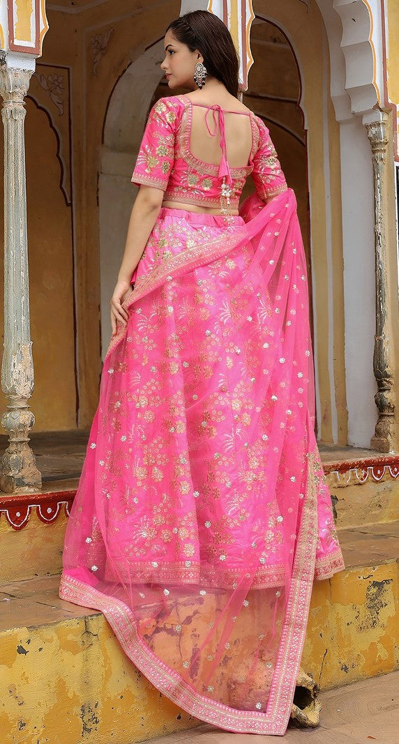Glowing Pink Color Silk Fabric Party Wear Lehenga