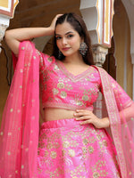 Glowing Pink Color Silk Fabric Party Wear Lehenga
