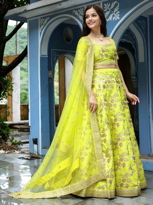 Glowing Yellow Color Silk Fabric Party Wear Lehenga