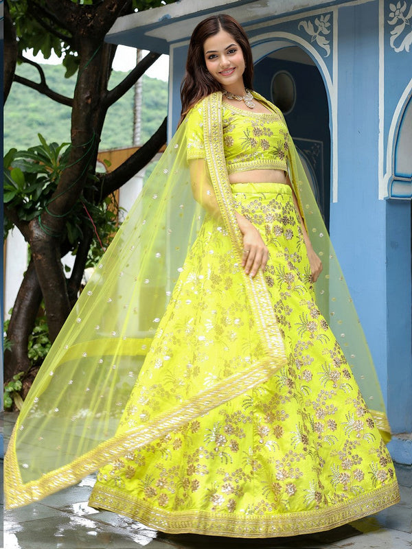 Glowing Yellow Color Silk Fabric Party Wear Lehenga