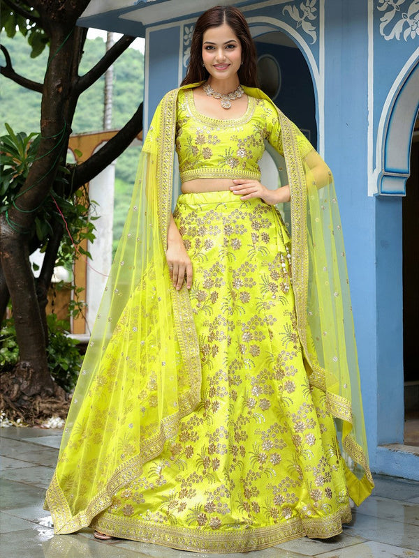 Glowing Yellow Color Silk Fabric Party Wear Lehenga