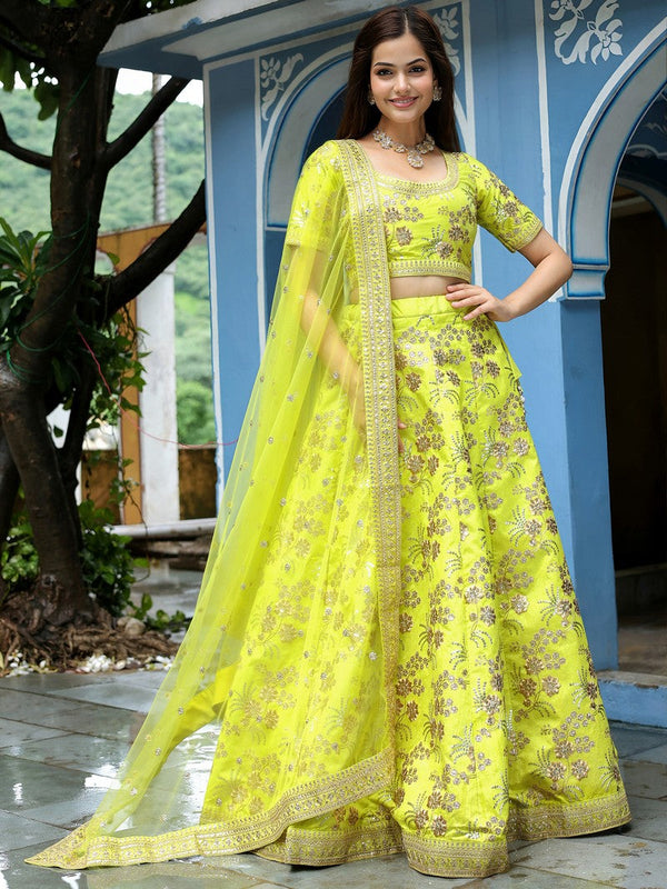 Glowing Yellow Color Silk Fabric Party Wear Lehenga