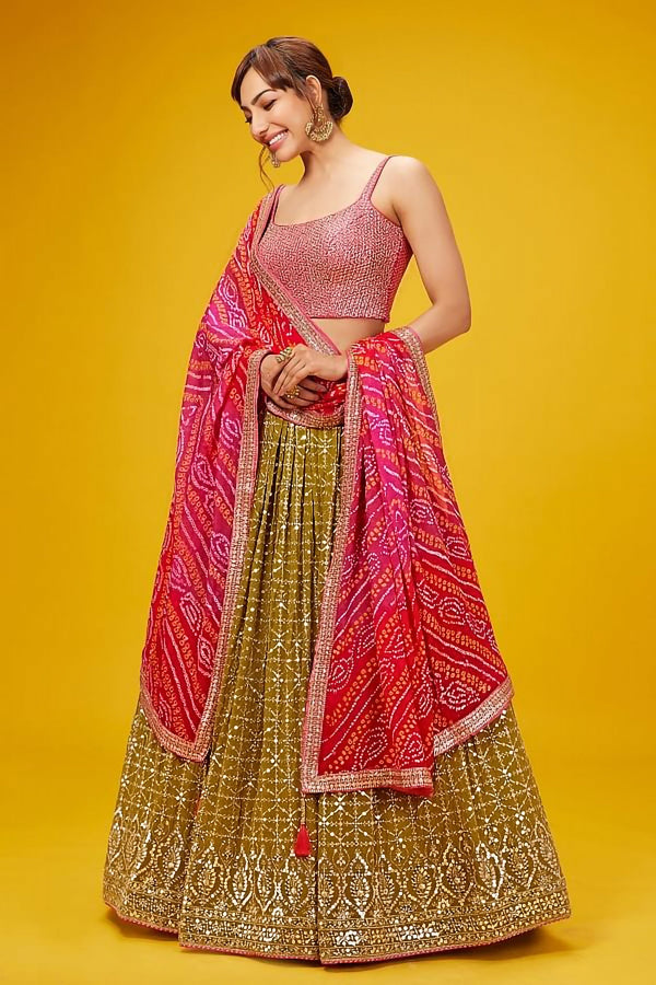 Glowing Green Color Georgette Fabric Party Wear Lehenga