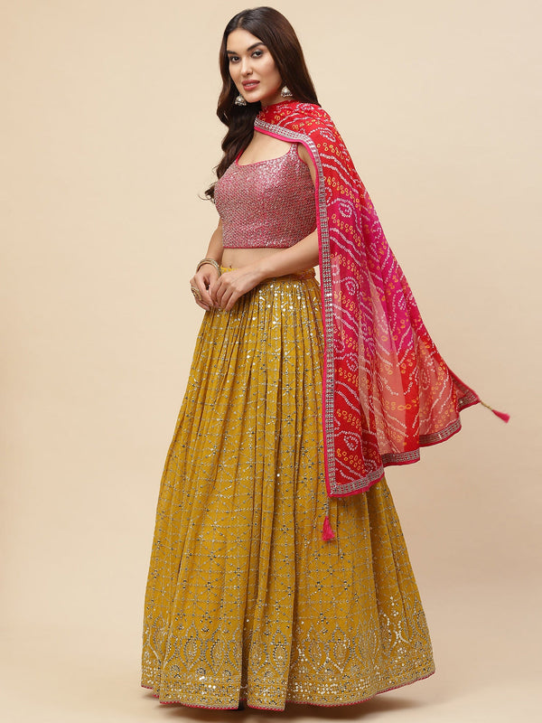 Glowing Mustard Color Georgette Fabric Party Wear Lehenga