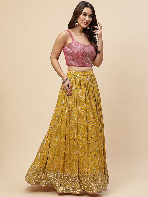 Glowing Mustard Color Georgette Fabric Party Wear Lehenga
