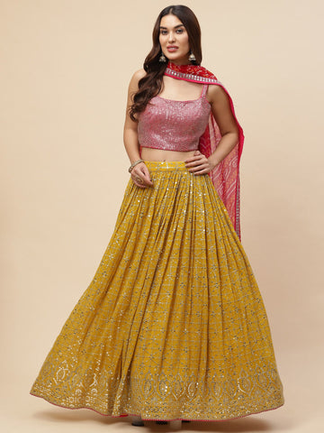 Glowing Mustard Color Georgette Fabric Party Wear Lehenga