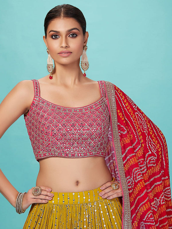 Glowing Yellow Color Art Silk Fabric Party Wear Lehenga
