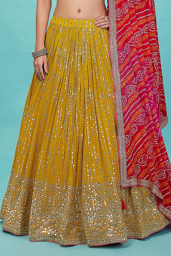 Glowing Yellow Color Art Silk Fabric Party Wear Lehenga